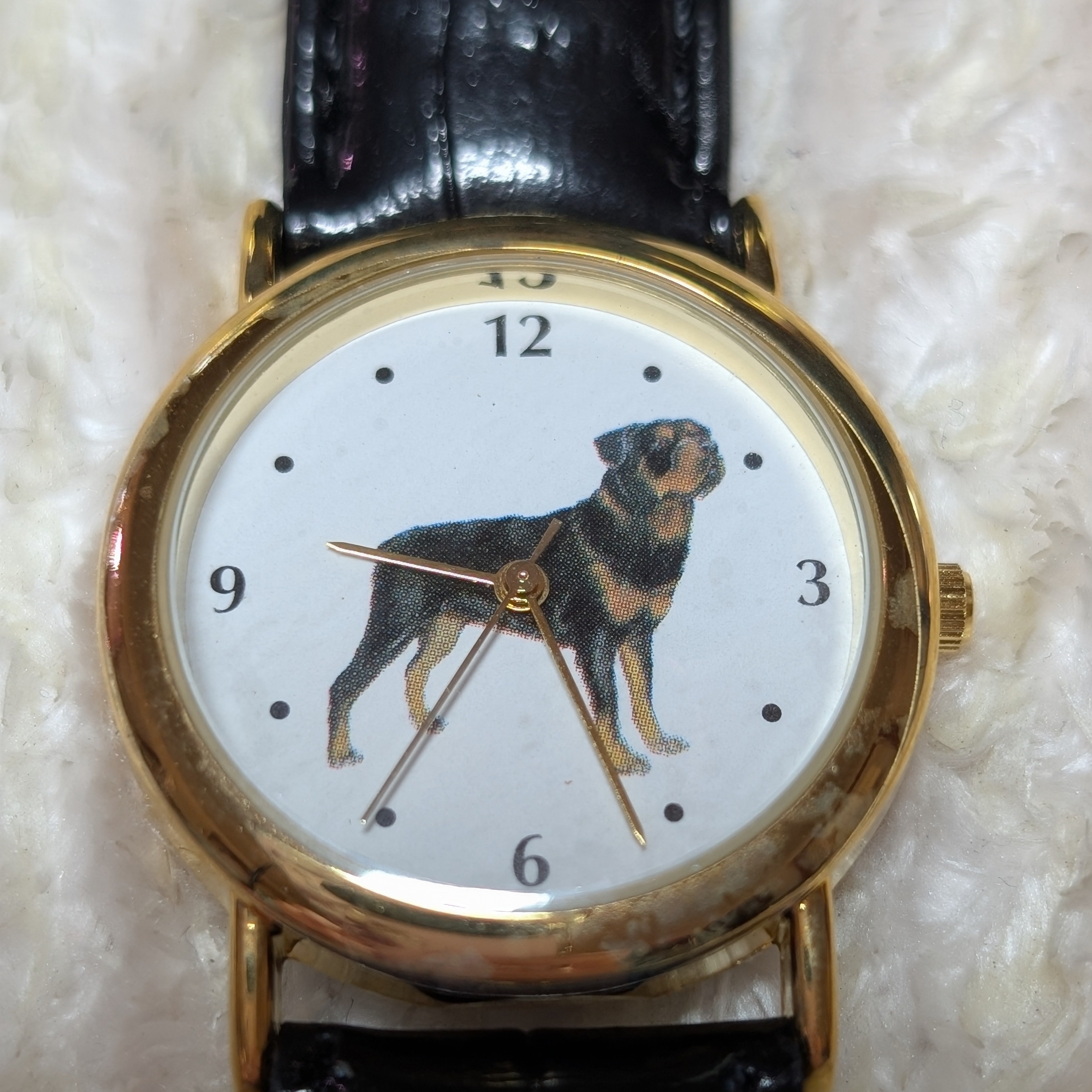 GoldTone Rottweiler Watch With Black Leather Strap